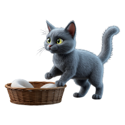 Blubie, the Blunix cat, steps up to an empty woven basket with a soft cushion in it.